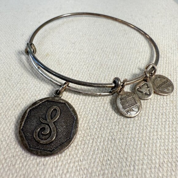 Alex And Ani Initial "S" Charm Bangle Bracelet Silver Tone Adjustable - Picture 1 of 5
